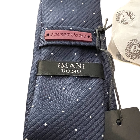 IMANI UOMO Handmade 100% Silk Pointed Skinny Pattern Men's Navy Blue Tie & Hanky - Picture 7 of 7